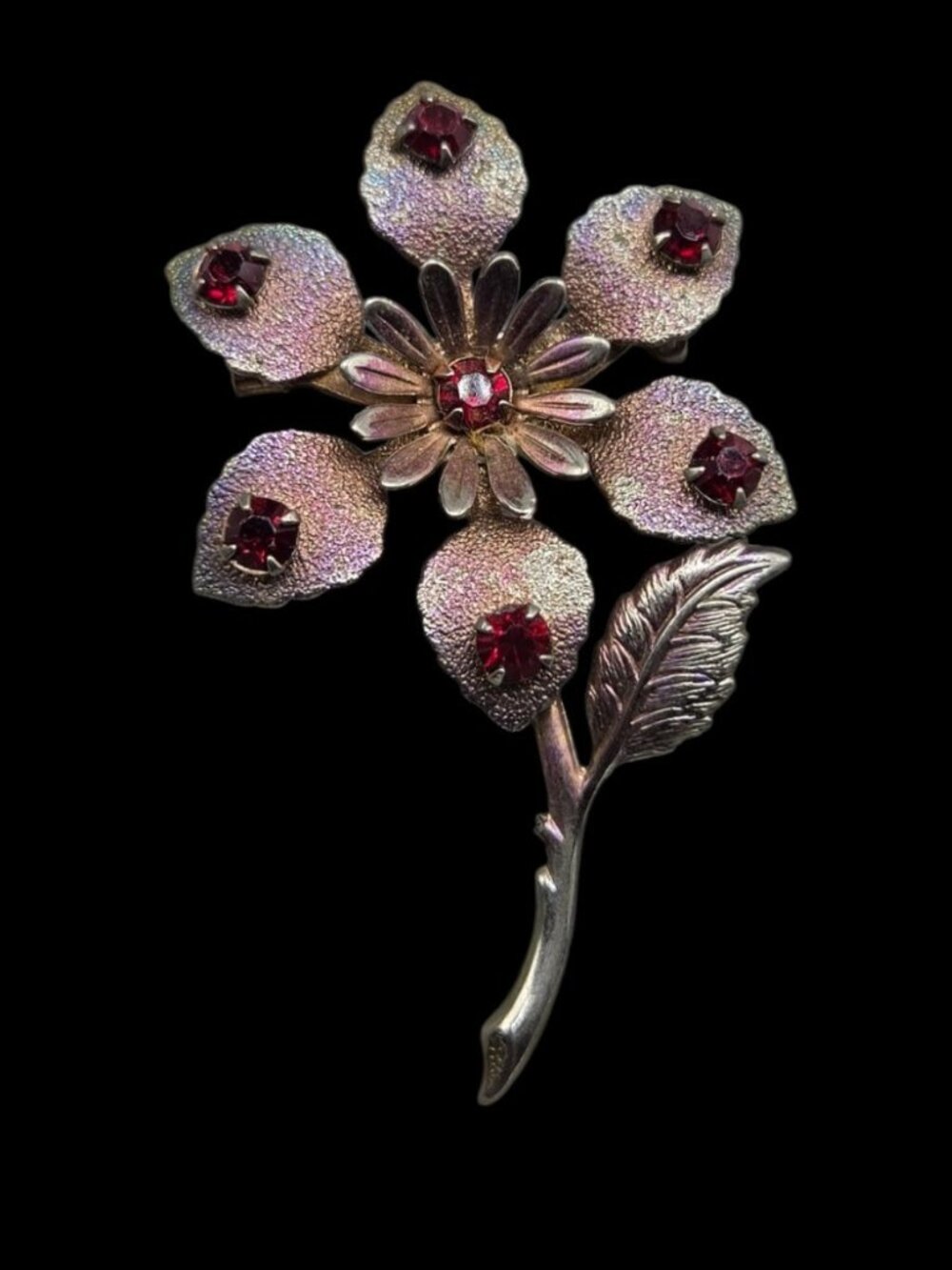 Vintage Silver Tone Textured Flower Brooch Pin Ruby Red Rhinestone Mid Century